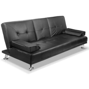 3 Seater Sofa Bed Black PU Leather Convertible Cup Holder 188x108CM