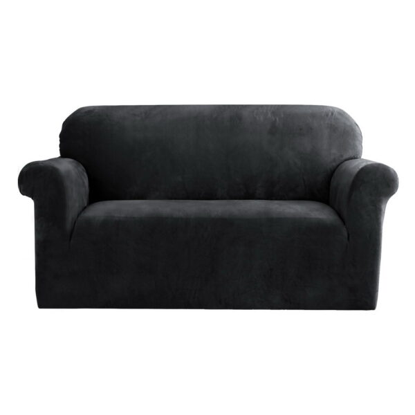 Velvet Sofa Cover 2 Seater Stretchable Anti Slip Black Couch Protector