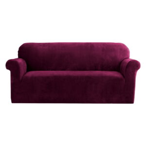 Velvet Sofa Cover 3 Seater Stretchable Ruby Red Anti Slip Comfort Couch Protector