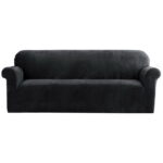 Velvet Sofa Cover 4 Seater Stretchable Anti Slip Black Couch Protector