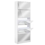 5 Drawer Shoe Cabinet Mirror Front Wooden Storage White 63x17x170cm Holds 25 Pairs