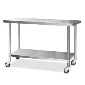 Stainless Steel Kitchen Bench 1524mm Mobile 304 Grade Adjustable Shelf Wheels