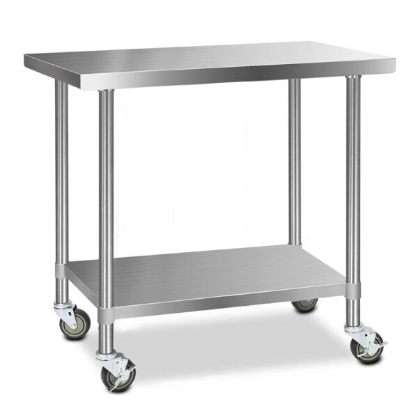 Stainless Steel Kitchen Bench 1219x610mm with Lockable Wheels Adjustable Shelf