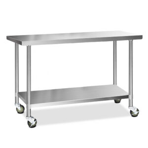 Stainless Steel Kitchen Bench 1524x610mm with Lockable Wheels Adjustable Shelf