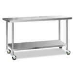 Stainless Steel Kitchen Bench 1829x610mm with Lockable Wheels Adjustable Shelf