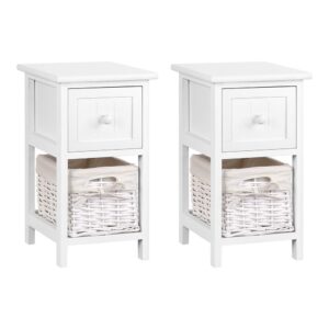 Rustic White Bedside Table Set of 2 with Drawer and Wicker Basket Storage 25x30x45cm