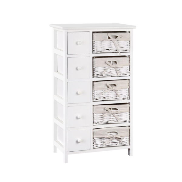 Rustic 5 Drawer Cabinet with Removable Wicker Baskets White Storage Organizer