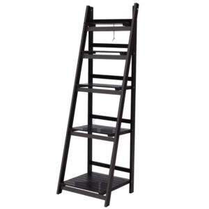 5 Tier Ladder Shelf Freestanding Wall Mountable Paulownia Wood Coffee Finish