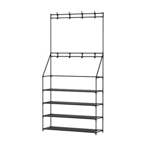 Shoe Rack Coat Stand 3 in 1 Metal 16 Pairs Storage 5 Tier Hallway Organizer Black