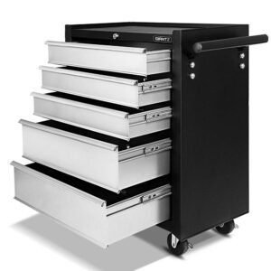 5 Drawer Mechanic Tool Box Storage Trolley Lockable Steel Black Grey 75kg Capacity