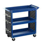 3 Tier Tool Cart Mobile Workstation with Pegboard Lockable Wheels Blue 150kg