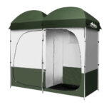 Double Camping Shower Toilet Tent Portable Change Room Green Mesh Flooring 224CM