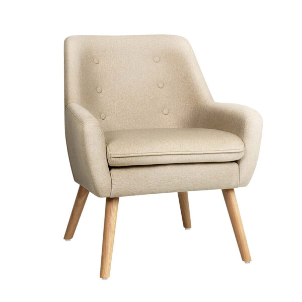 Fabric Dining Armchair Beige Tufted Linen Upholstered Wooden Legs 130kg Capacity