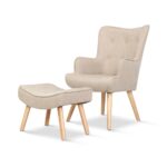 Scandinavian Armchair Ottoman Set Beige Linen Fabric Splayed Legs Tufted Design