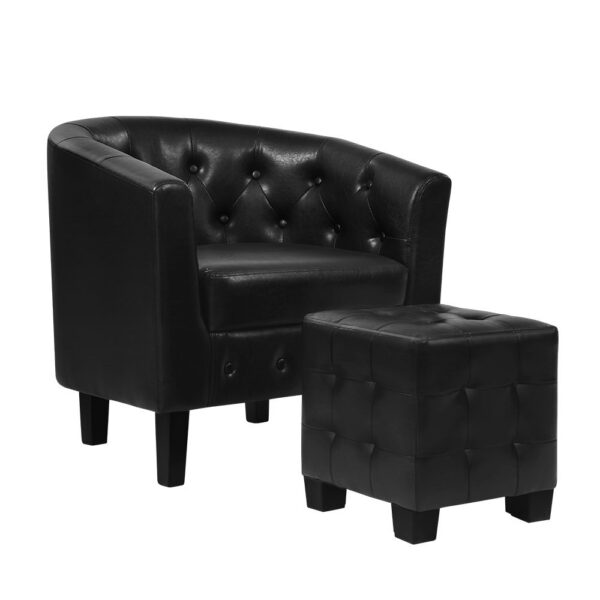 Armchair Ottoman Set Chesterfield PU Leather Tufted Barrel Back Black 70x62x64cm