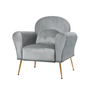 Velvet Accent Armchair Lounge Chair Extra Wide Grey Cushioned with Golden Legs