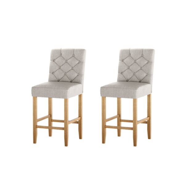 2x Linen Upholstered Bar Stools High Backrest Nailhead Trim Wooden Legs Beige