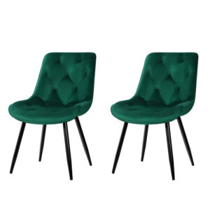 Velvet Dining Chairs Set of 2 Green Plush Cushioned 150kg Capacity Anti Slip Legs