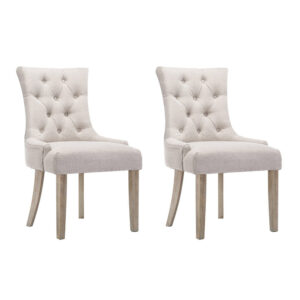 Set of 2 French Provincial Dining Chairs Beige Linen Fabric Wooden Legs Retro