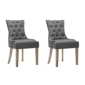 Set of 2 French Provincial Dining Chairs Linen Fabric Padded Retro Cafe Grey