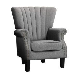 Armchair Wingback Grey Faux Linen Button Studs Extra Thick Padding Rubber Wood Legs