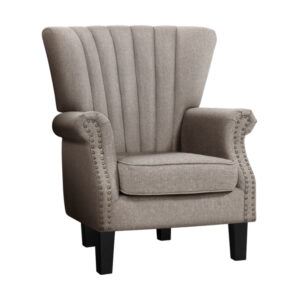 Wingback Armchair Beige Linen Fabric Button Studded Foam Padded Wooden Legs