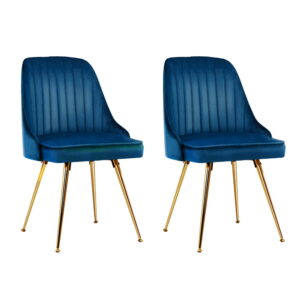 Velvet Dining Chairs Blue Set of 2 High Resilience Foam Gold Metal Legs