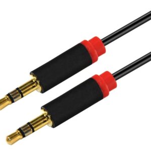 1m Stereo 3.5mm Flat Cable Male to Male Black with Red Mold - Audio Input Extension Auxiliary Car Cord