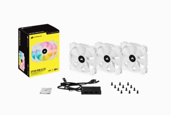 White SP120 RGB ELITE  120mm RGB LED PWM Fan with AirGuide  Triple Pack with Lighting Node CORE