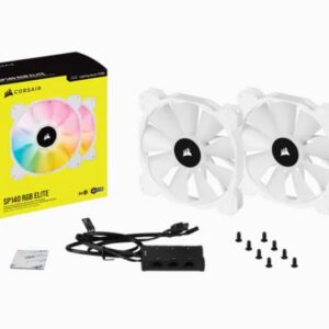 White SP140 RGB ELITE  140mm RGB LED Fan with AirGuide  68 CFM  Dual Pack with Lighting Node CORE