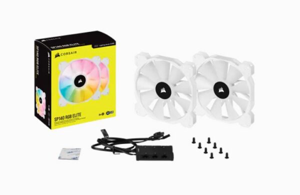 White SP140 RGB ELITE  140mm RGB LED Fan with AirGuide  68 CFM  Dual Pack with Lighting Node CORE