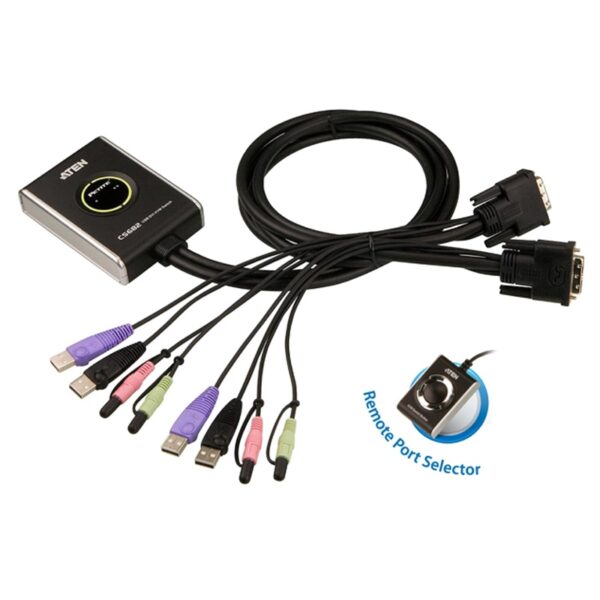 Petite 2 Port USB DVI KVM Switch with Audio and Remote Port Selector - 1.2m Cables Built In