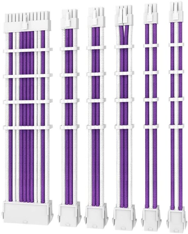 PSU - Sleeved Extension Cable Kit V2 - Purple / White. 24PIN ATX  4+4 EPS  8PIN PCI-E  6PIN PCI-E  Compatible with Standard PSU