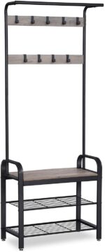 Greige and Black Steel Freestanding Coat Rack Stand with Removable Hooks  Bench and Shoe Rack  Height 183 cm