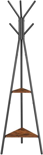 Black Coat Rack Stand Industrial  2 Shelves Clothes