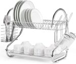 2 Tier Dish Rack with Drain Board for Kitchen Counter and Plated Chrome Dish Dryer Silver 42 x 25 5 x 38 cm