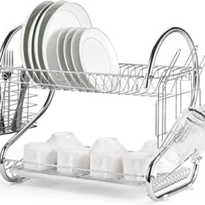 2 Tier Dish Rack with Drain Board for Kitchen Counter and Plated Chrome Dish Dryer Silver 42 x 25 5 x 38 cm