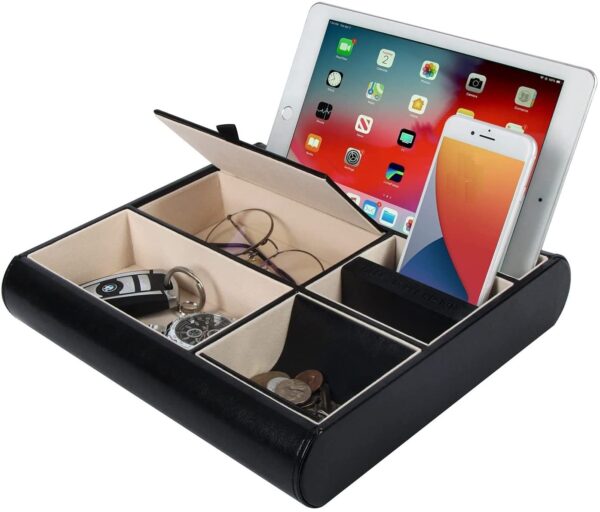 Valet Tray Leather Multi Catch Storage Box for Jewellery Accessories  Keys  Phone  Wallet  Coin  Jewellery (Black)