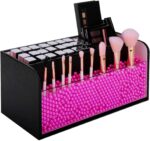 Leather Makeup Brush Cosmetic Organiser Storage Box with Pink Pearls  Acrylic Cover and 3 Compartments(Black)