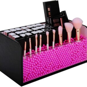 Leather Makeup Brush Cosmetic Organiser Storage Box with Pink Pearls  Acrylic Cover and 3 Compartments(Black)