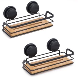 2 Pack Rectangular Bamboo Corner Shower Caddy Shelf Basket Rack with Premium Vacuum Suction Cup No-Drilling for Bathroom and Kitchen