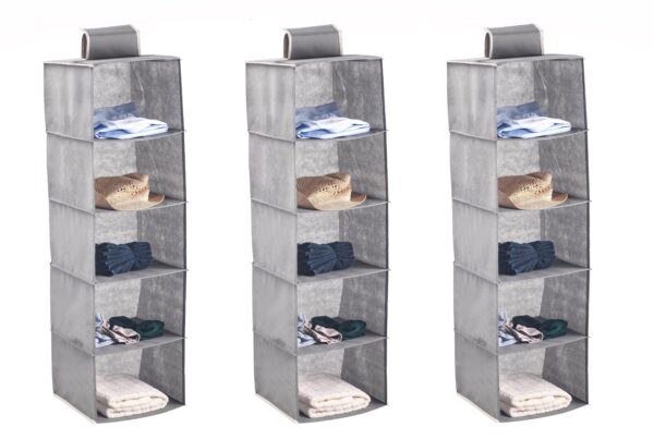 3 Pack 5-Tier Shelf Hanging Closet Organizer and Storage for Clothes (Grey)