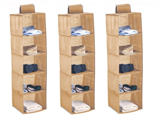 3 Pack 5-Tier Shelf Hanging Closet Organizer and Storage for Clothes (Beige)