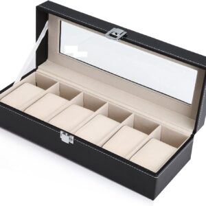 Black PU Leather Watch Organizer Display Storage Box Cases for Men & Women (6 slots)