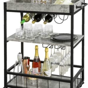 Industrial Vintage  Wood Metal 3 Tiers Kitchen Serving Trolley with Wine Rack (Grey)