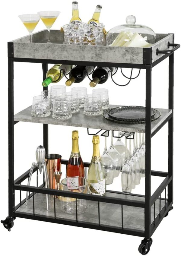 Industrial Vintage  Wood Metal 3 Tiers Kitchen Serving Trolley with Wine Rack (Grey)