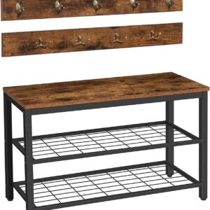 Industrial Design Entryway Shoe Rack with Coat Hooks Organizer (Brown)