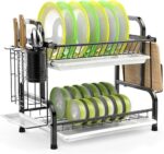 Stainless Steel 2-Tier Dish Drying Rack with Utensil Holder  Cutting Board Holder and Dish Drainer for Kitchen Counter (Black)