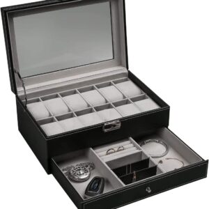 12 Slot PU Leather Lockable Watch and Jewelry Storage Boxes (Black)