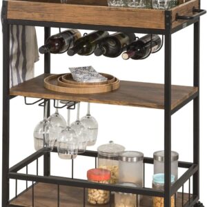 Industrial Vintage  Wood Metal 3 Tiers Kitchen Serving Trolley with Wine Rack (Brown)